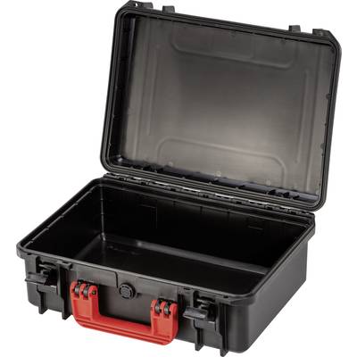 Valise à outils noire avec couvercle ouvert et poignée rouge, montrant un intérieur vide. Idéale pour le rangement des outils.