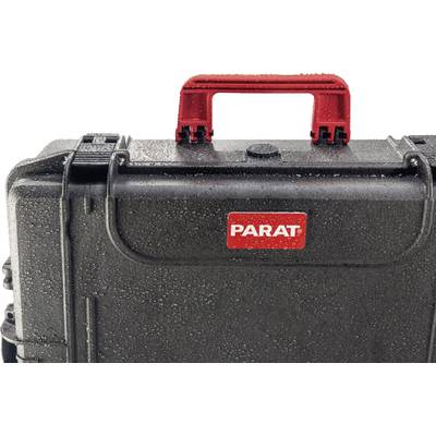 Une valise noire, protégée contre les éclaboussures, avec une poignée rouge et le logo 'PARAT', témoigne de sa robustesse et de sa protection contre l'humidité.