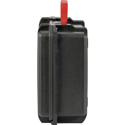 Boîte en plastique noir avec une poignée rouge en haut, vue de côté.
