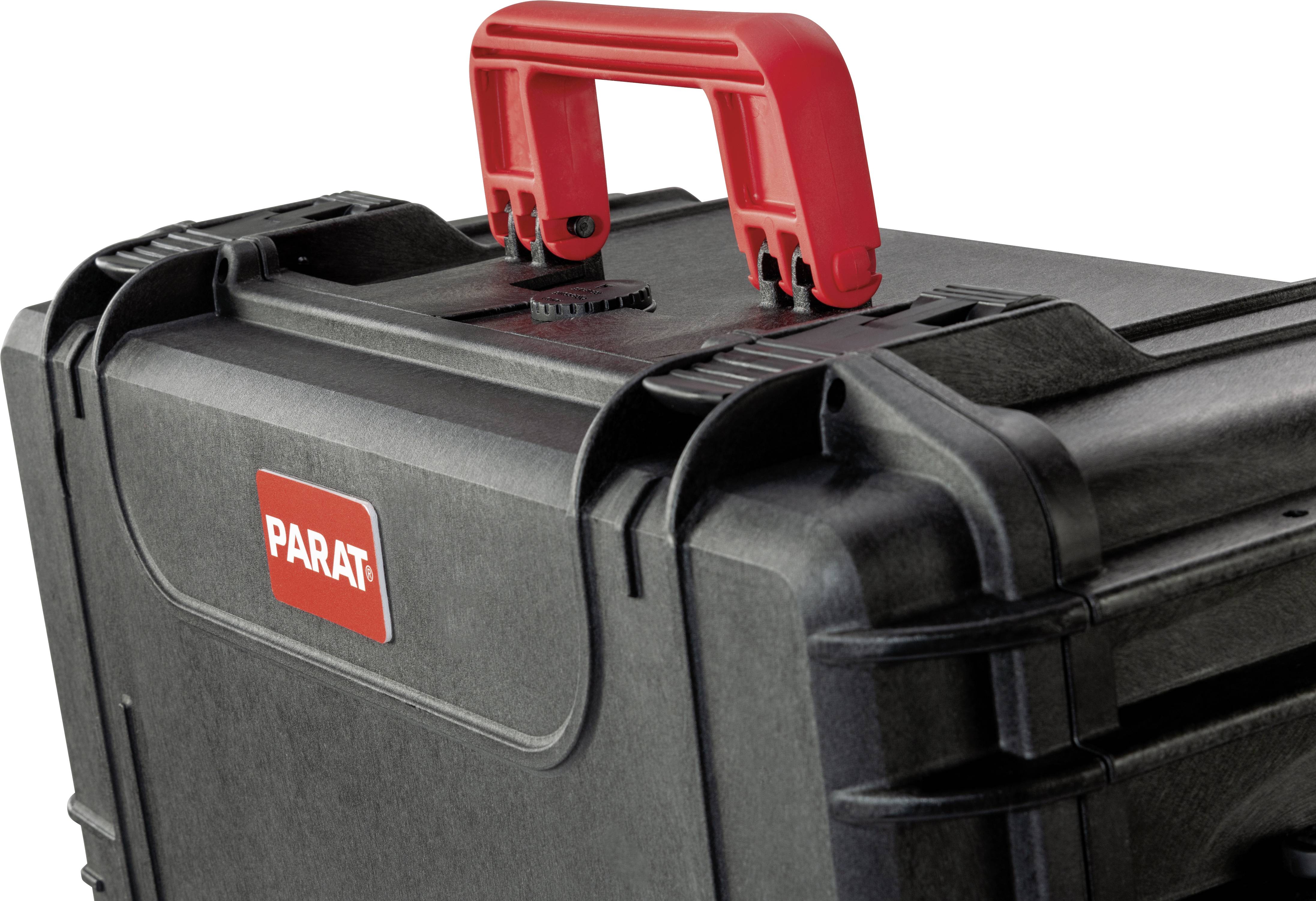 Coffret à outils noir avec poignée rouge, logo de marque sur le côté. Solution de rangement solide et portable pour les outils.