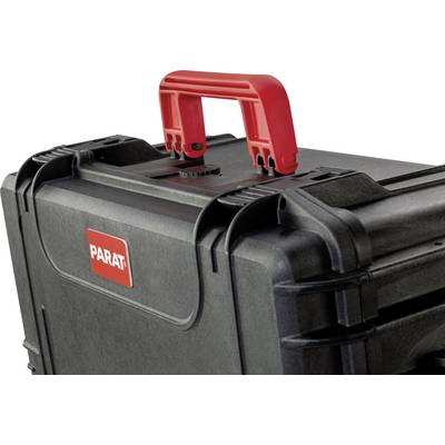 Coffret à outils noir avec poignée rouge, logo de marque sur le côté. Solution de rangement solide et portable pour les outils.
