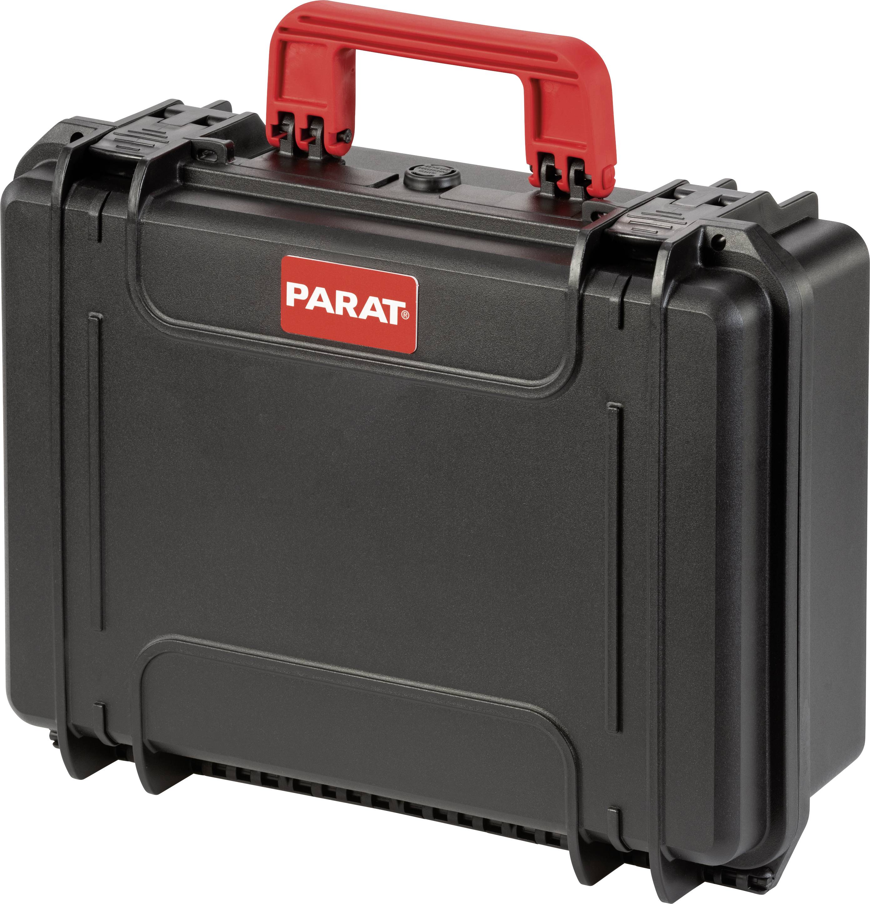 Une valise à outils noire, robuste, avec une poignée rouge et le logo 'PARAT' sur la face avant.