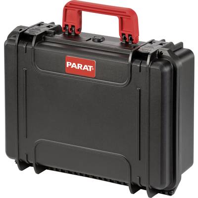 Une valise à outils noire, robuste, avec une poignée rouge et le logo 'PARAT' sur la face avant.