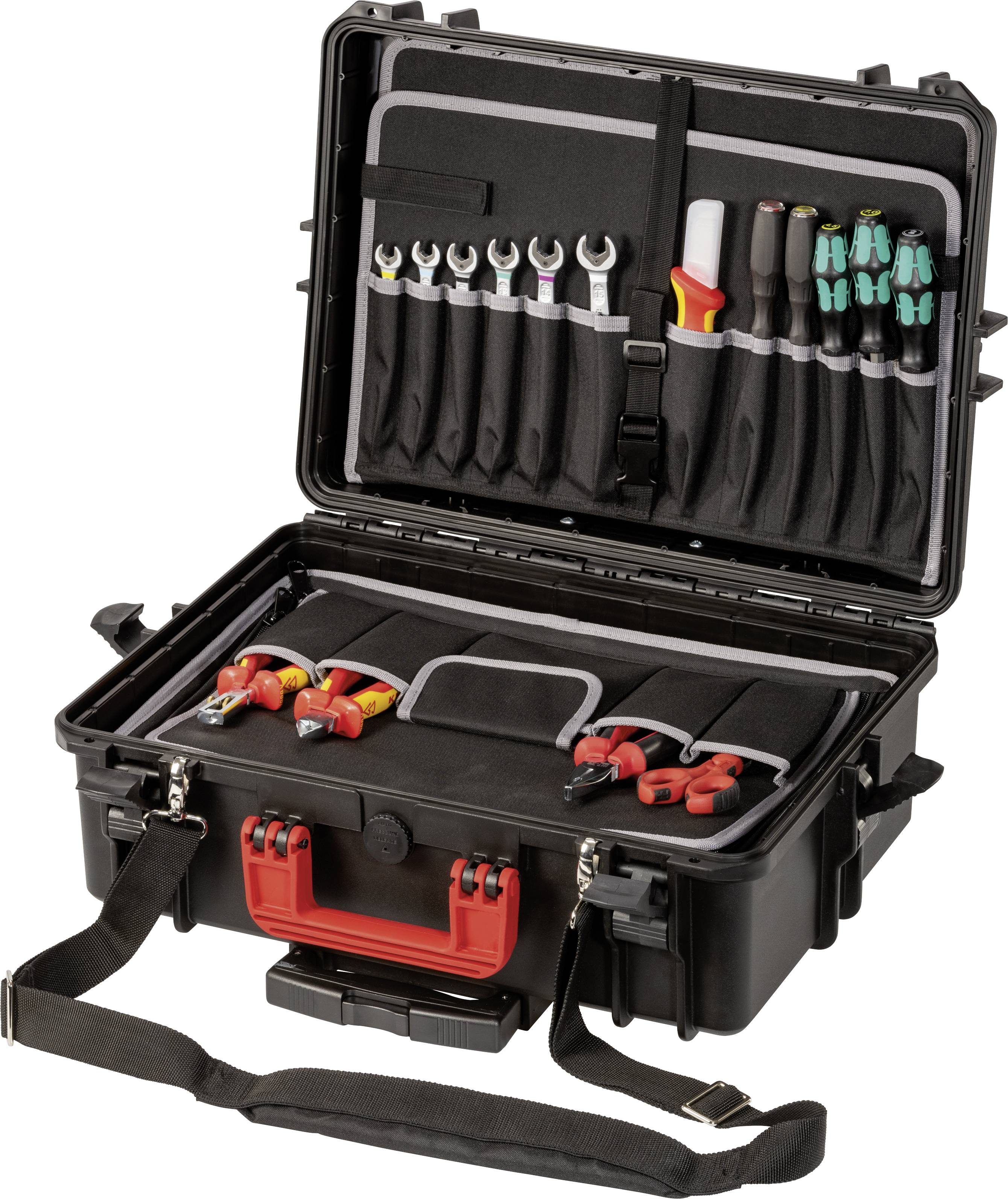 Une boîte à outils ouverte contenant divers outils colorés, notamment des clés, des pinces et des tournevis, soigneusement rangés.