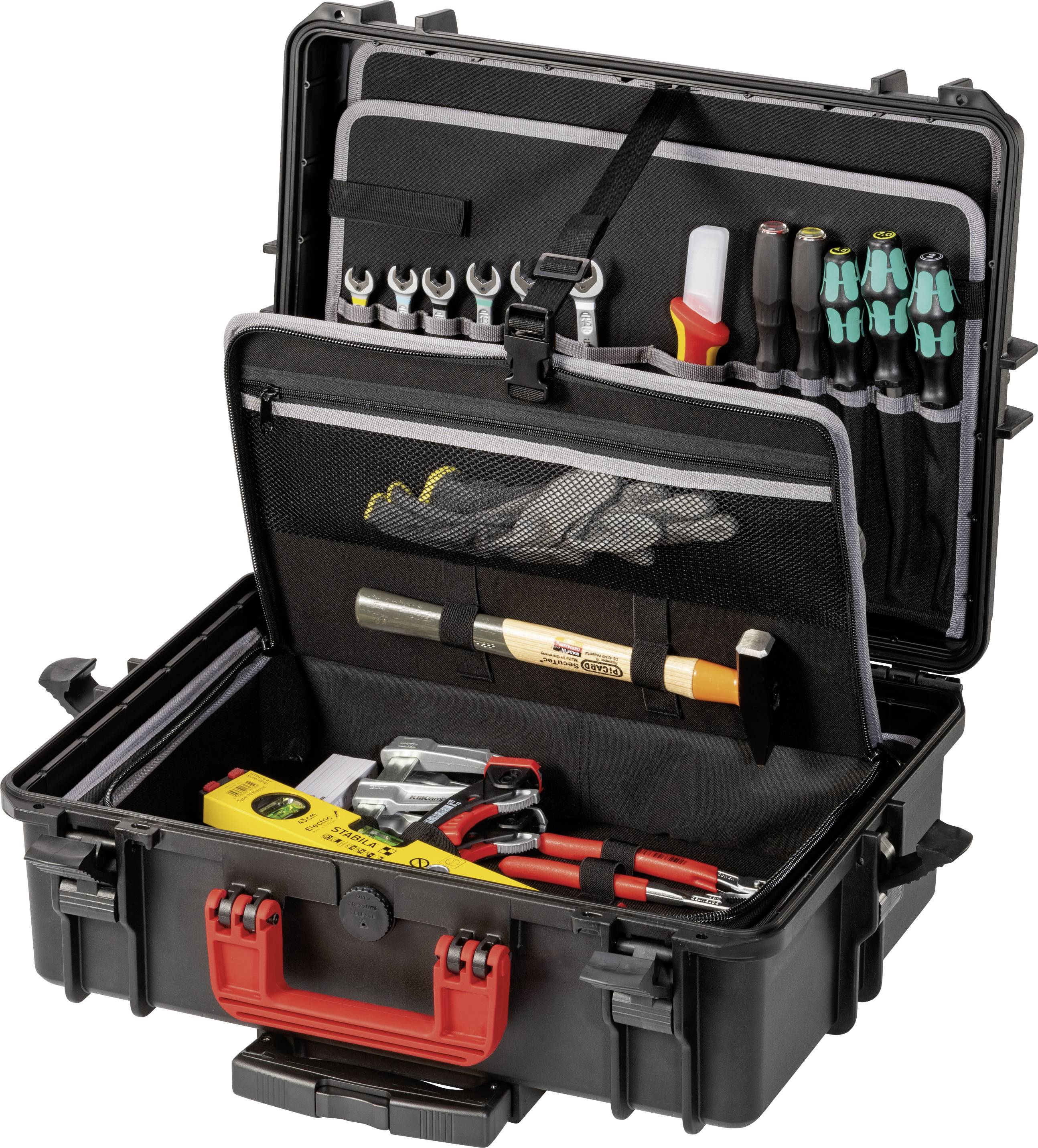 Boîte à outils ouverte contenant divers outils manuels tels que des clés, un marteau, des pinces et des tournevis.