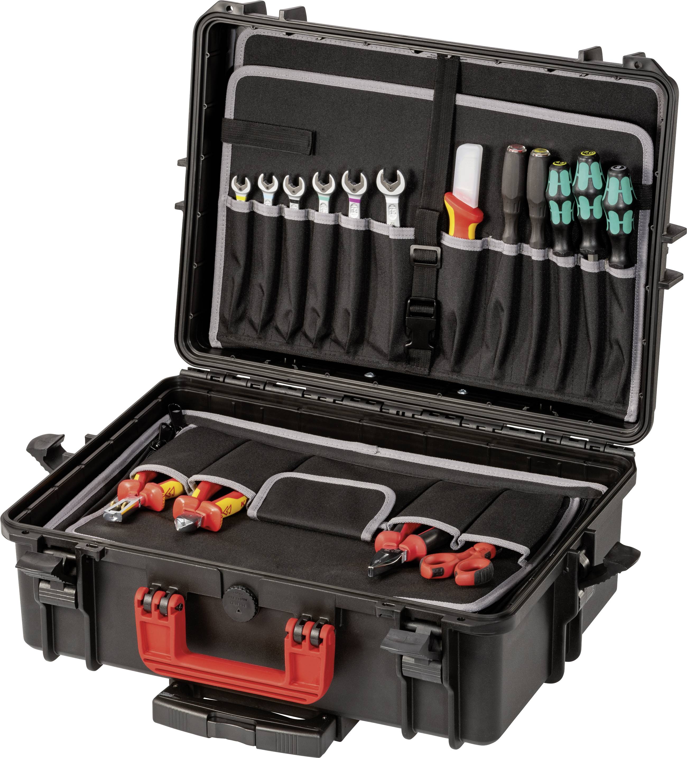 Une boîte à outils noire ouverte avec une poignée rouge présente des outils bien rangés, comprenant des tournevis, des pinces et des clés à molette.