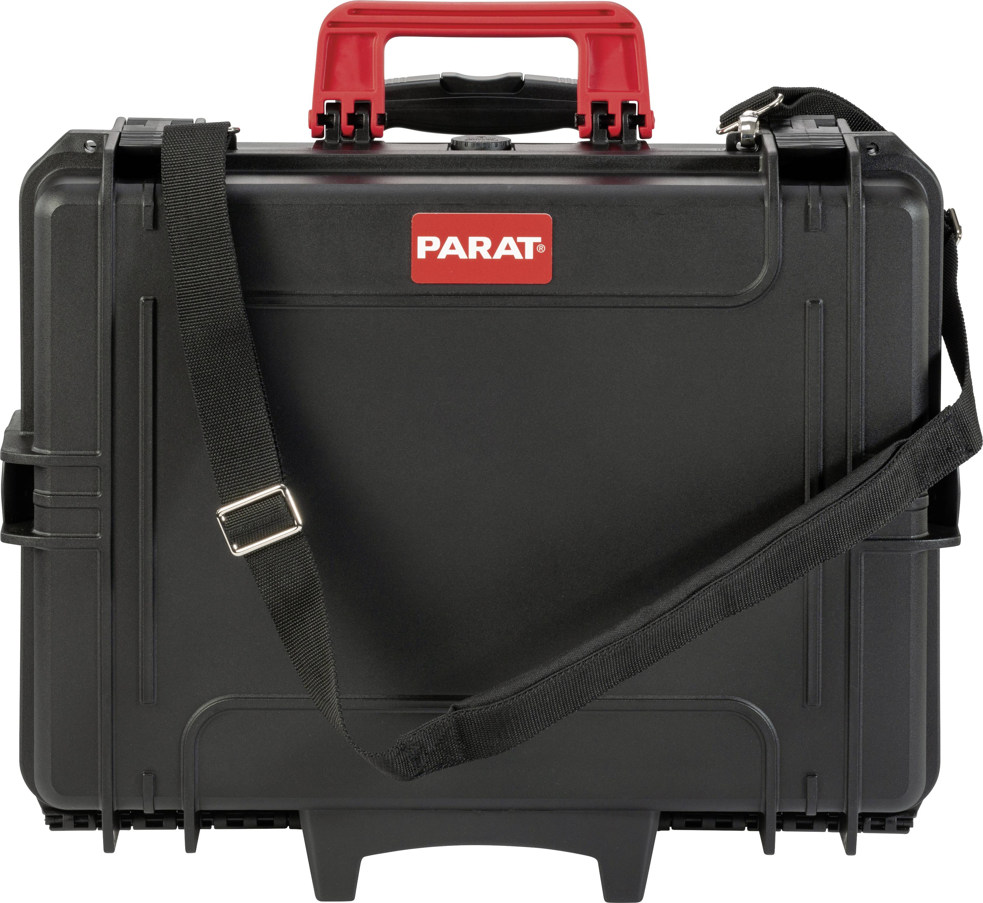 Coffret à outils noir avec poignée rouge et bandoulière noire, marque 'Parat', forme rectangulaire, design robuste.