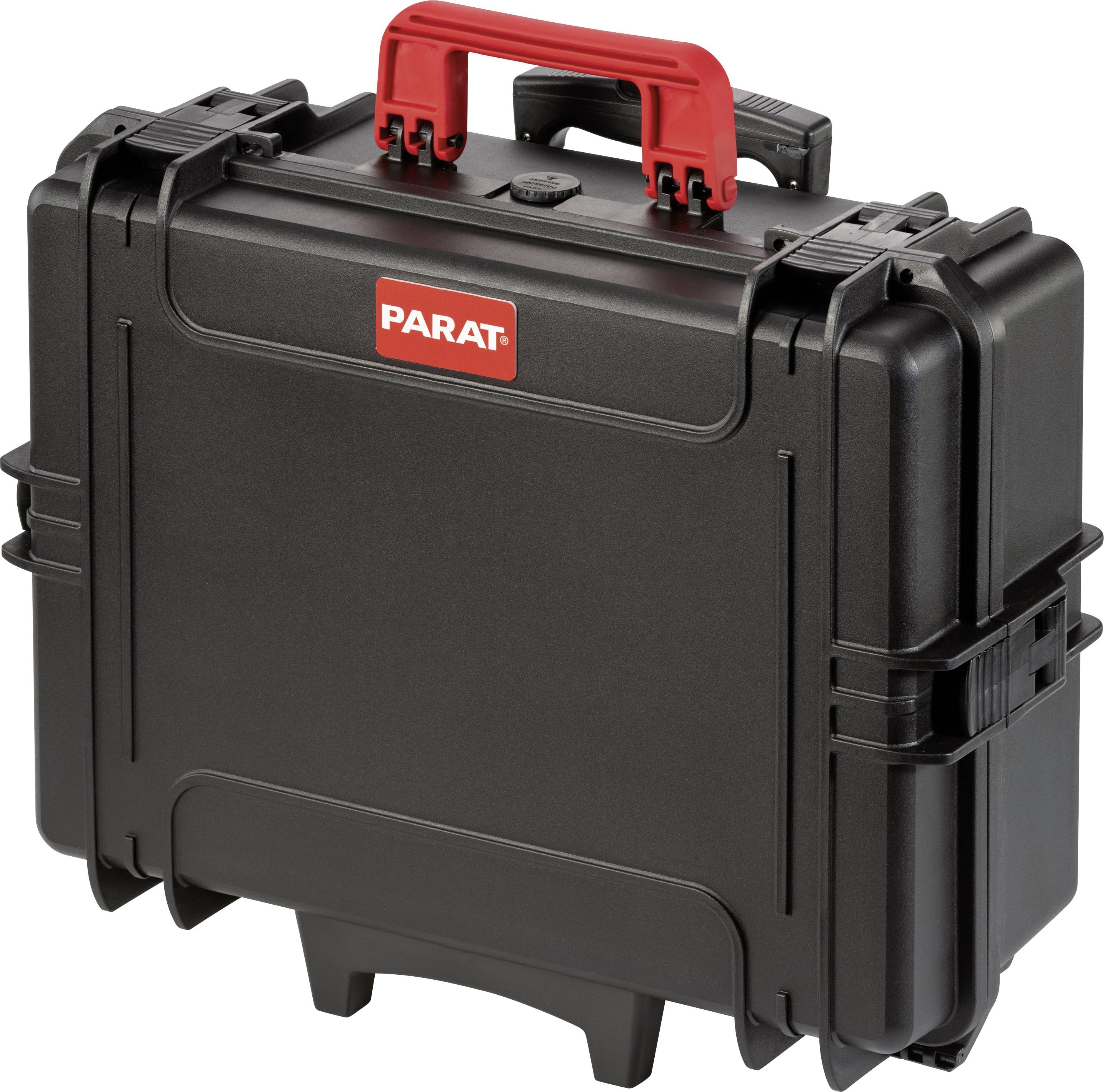 Valise rigide noire avec poignée rouge et logo 'PARAT'. Adaptée au transport sécurisé d'équipements sensibles.