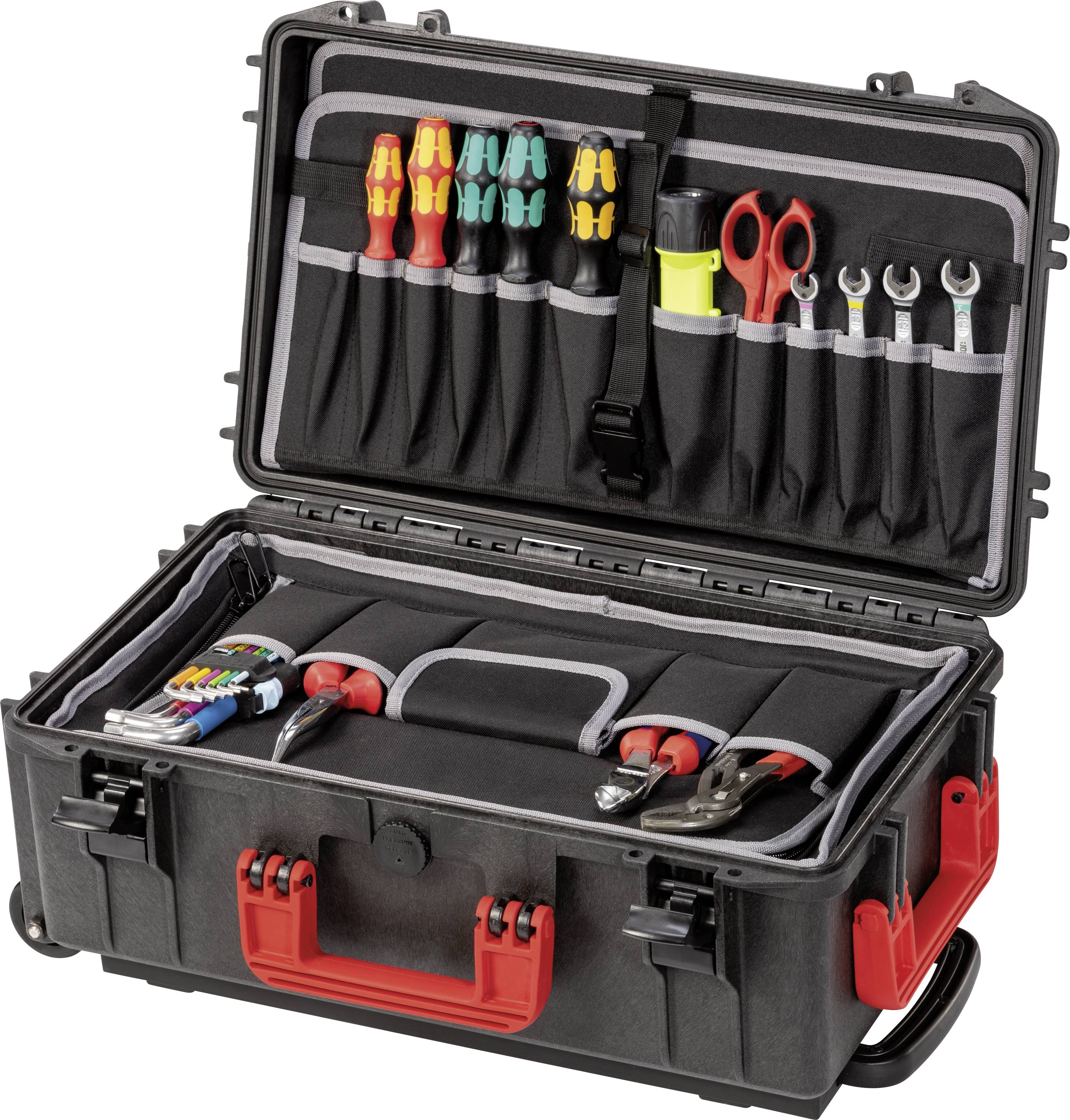 Une boîte à outils avec le couvercle ouvert montre des tournevis triés, des pinces, des clés à vis et d'autres outils pratiques.