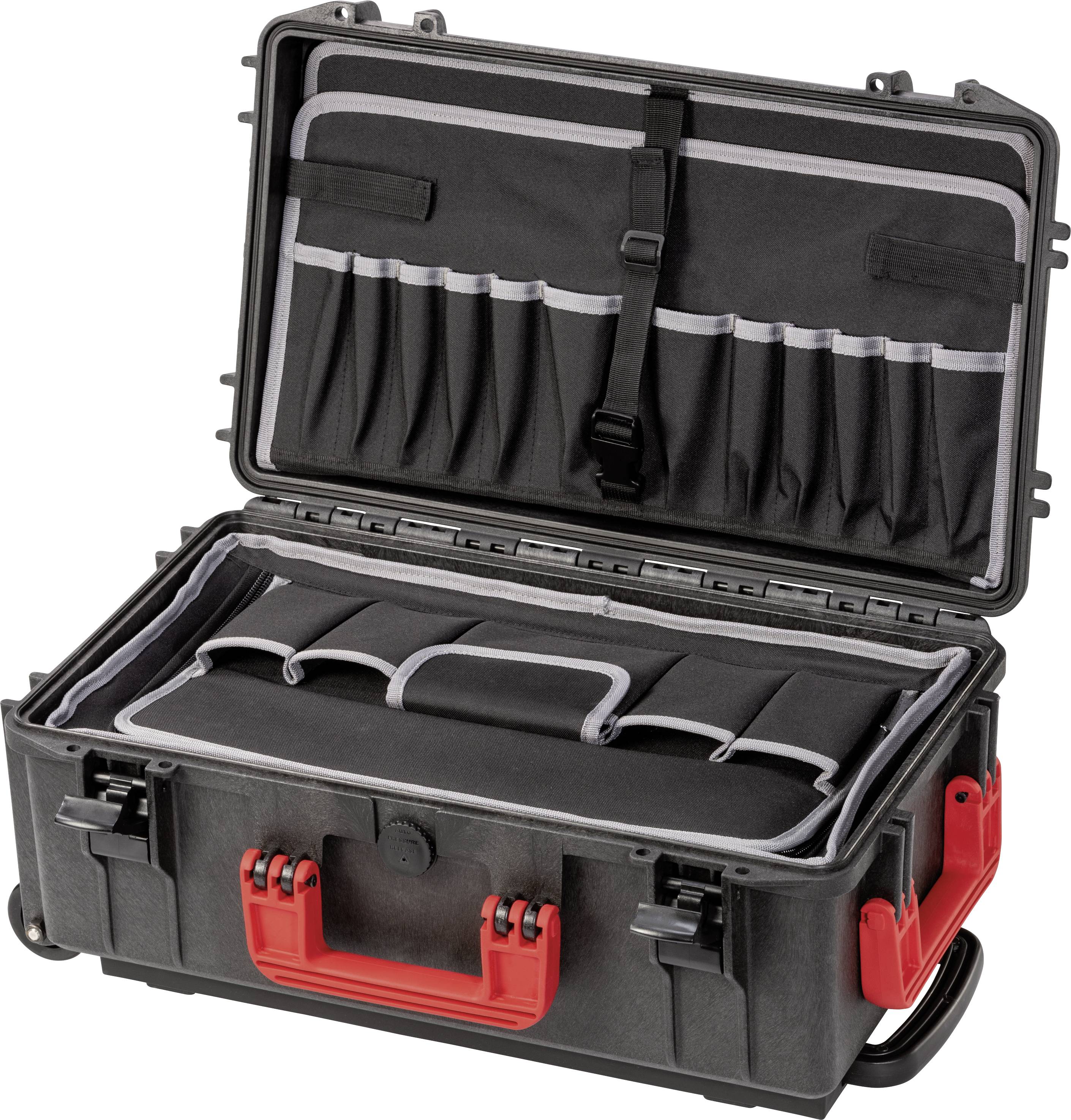 Une mallette à outils rigide en plastique dur avec plusieurs compartiments et poches, adaptée au transport sécurisé des outils.