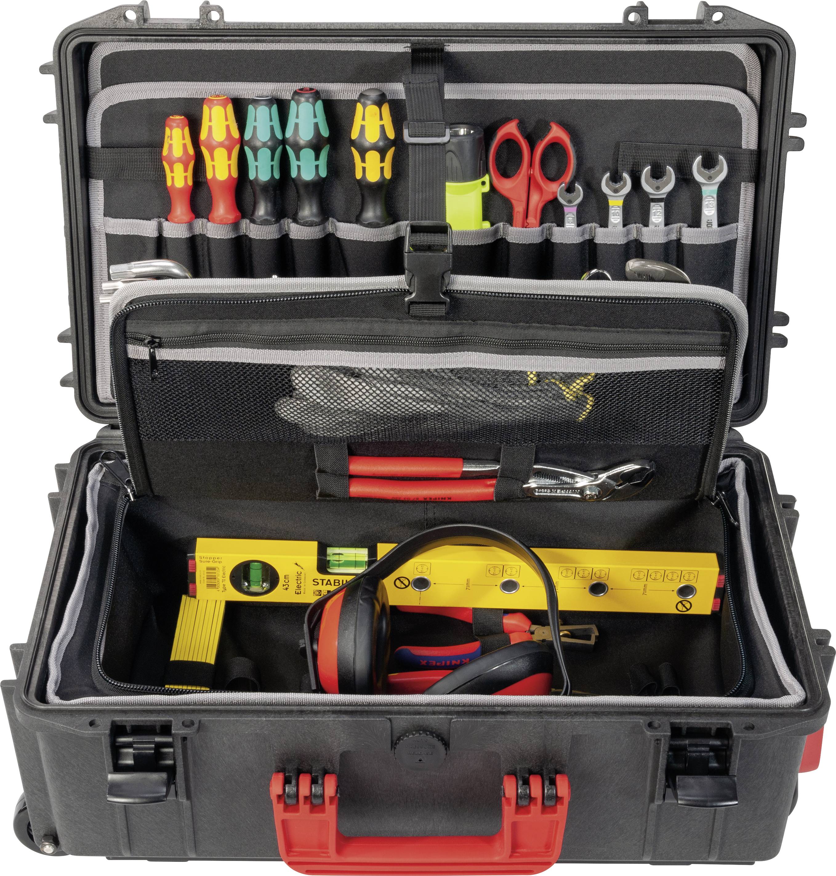 Une boîte à outils ouverte contenant des tournevis, des clés, un mètre ruban, un niveau à bulle et une pince, soigneusement disposés.