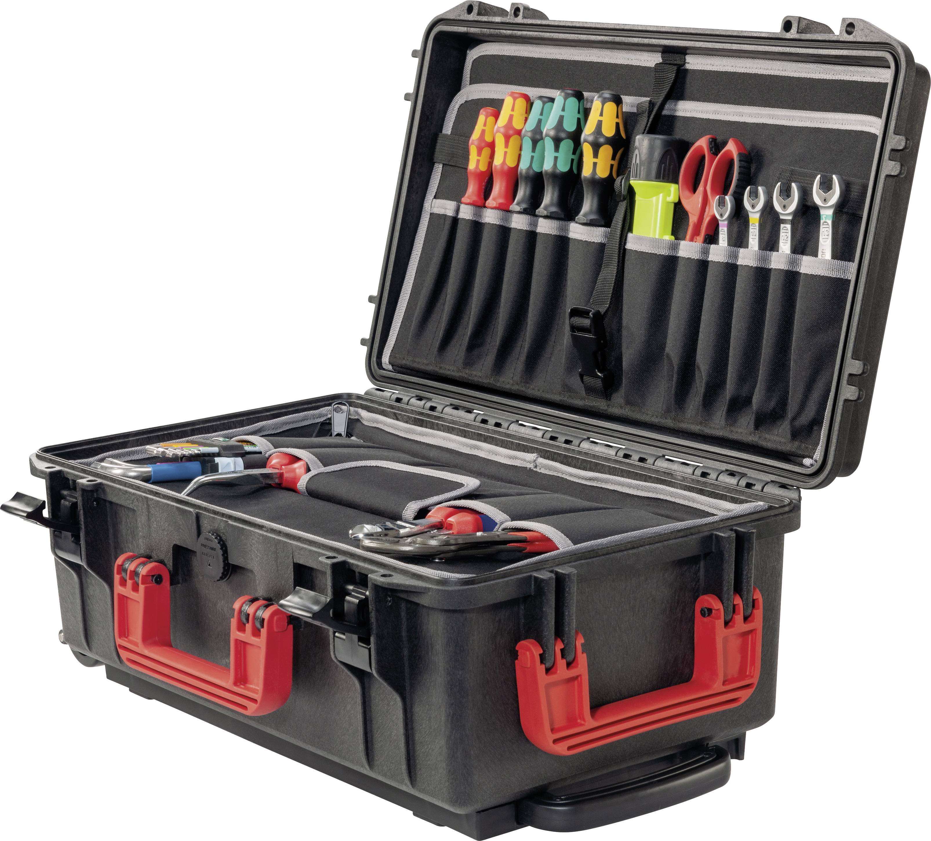 Une mallette à outils noire à couvercle ouvert montre divers outils, notamment des tournevis et des clés, soigneusement rangés.