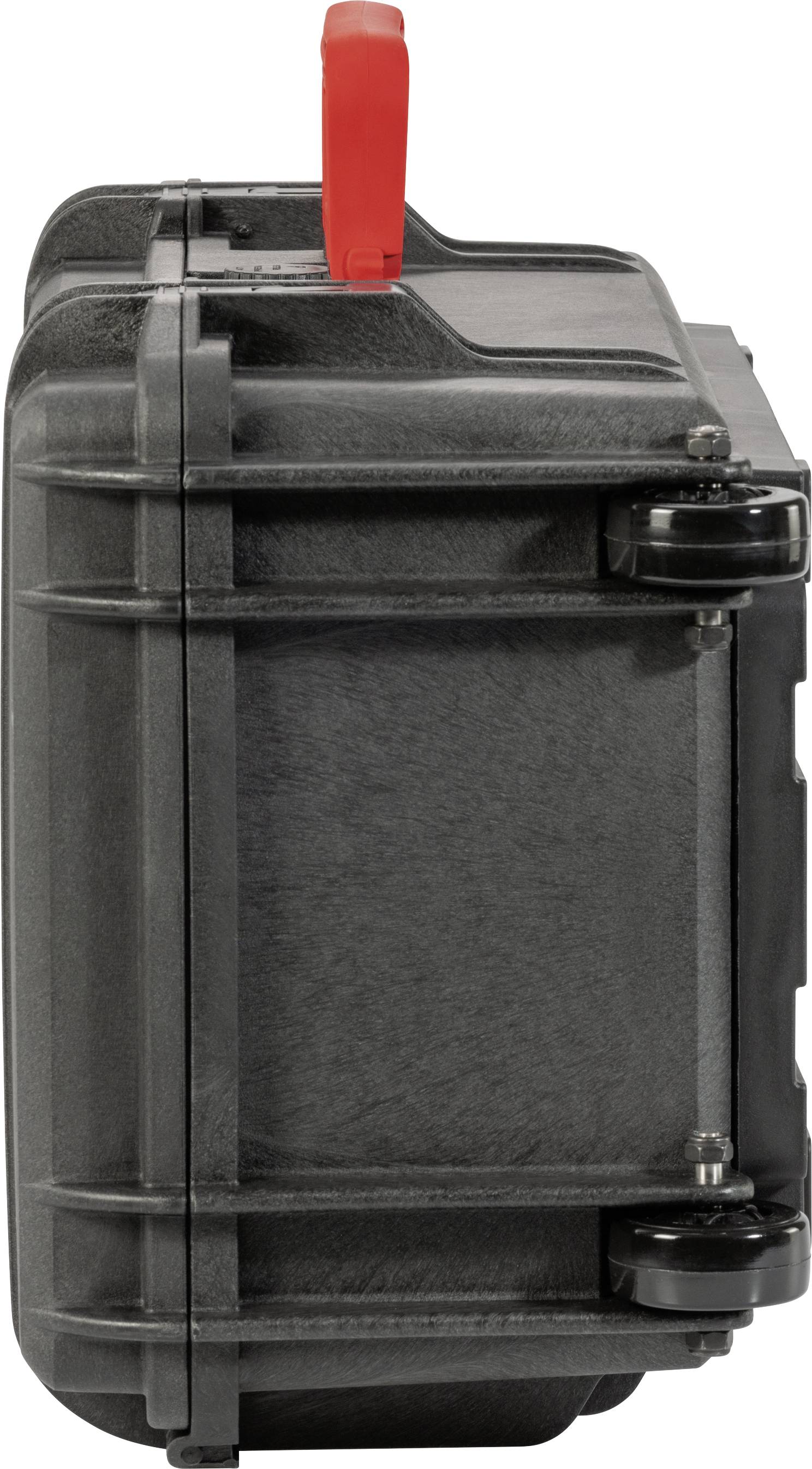 Valise rigide noire de forme rectangulaire, avec poignée rouge et charnières métalliques robustes, idéale pour un transport en toute sécurité.