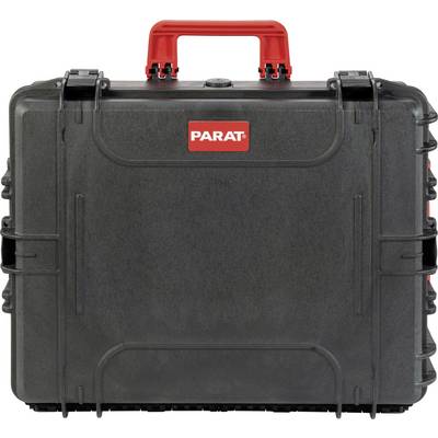 Une valise rigide noire avec une poignée rouge et le logo 'PARAT' sur la face avant.