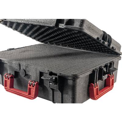 Valise noire robuste avec couvercle ouvert et poignées rouges solides. L'intérieur est doublé de mousse.