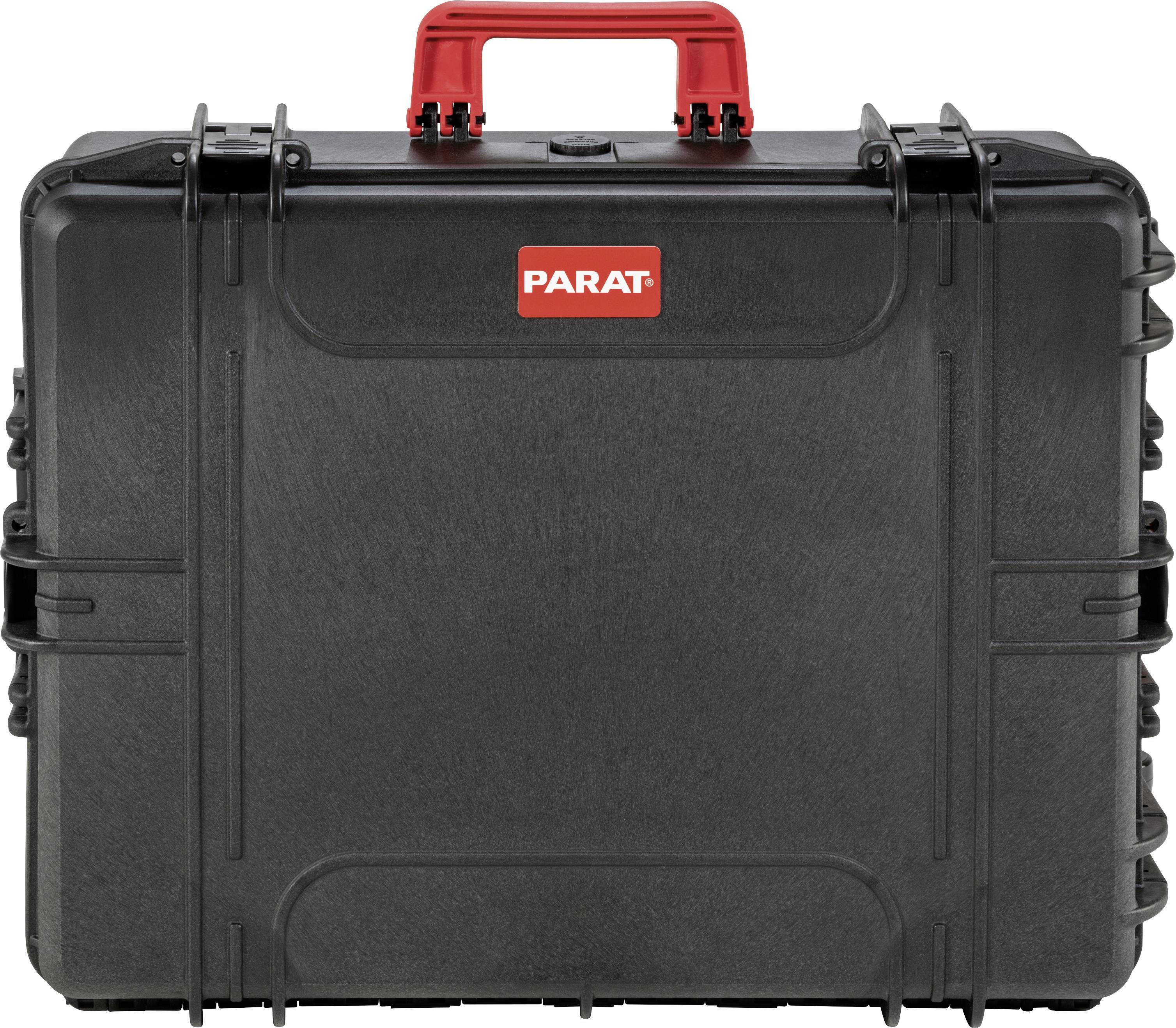 Une valise noire robuste avec une poignée rouge et le logo 'PARAT' sur la face avant, conçue pour le transport sécurisé des outils.