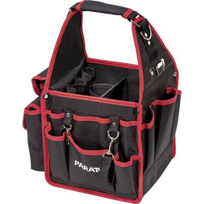Sac à outils noir avec bordure rouge, doté de nombreuses poches et supports. Le nom de marque 'Parat' est visible sur la face avant.