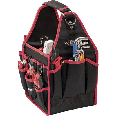 Une mallette à outils noire avec des bordures rouges, remplie de divers outils tels que des tournevis, des pinces et des clés Allen.