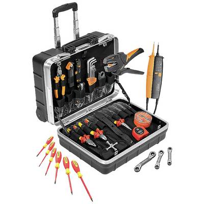 Une boîte à outils ouverte contient divers outils tels que des tournevis, des pinces et des appareils de mesure, destinés à des travaux de réparation.
