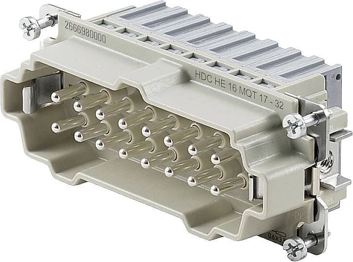 'Connecteurs industriels à 16 broches métalliques, boîtier en plastique, adaptés aux fortes transmissions de courant dans les applications industrielles.'