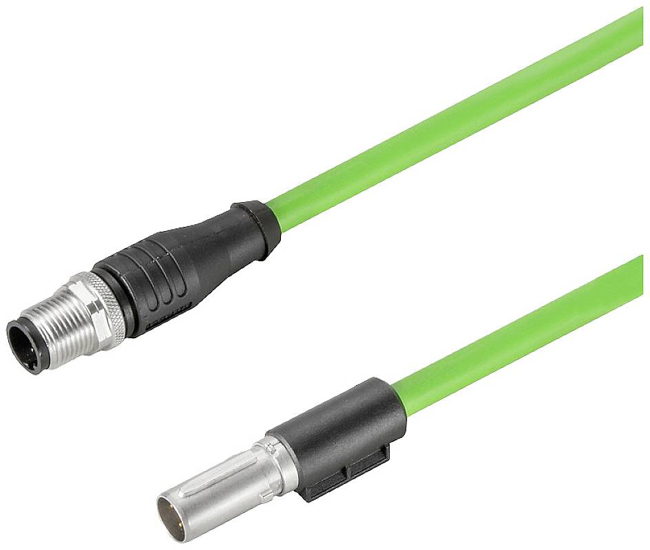 Un câble vert avec deux connecteurs différents : une fiche cylindrique noire et une fiche cylindrique métallique.