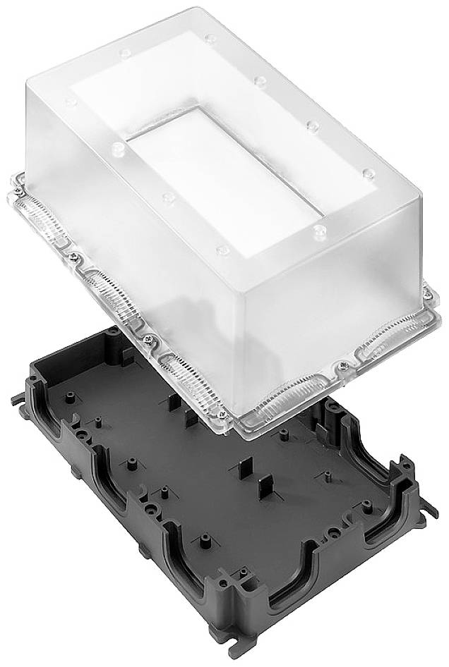 Un boîtier transparent est positionné sur une base rectangulaire grise équipée de plusieurs connexions enfichables.