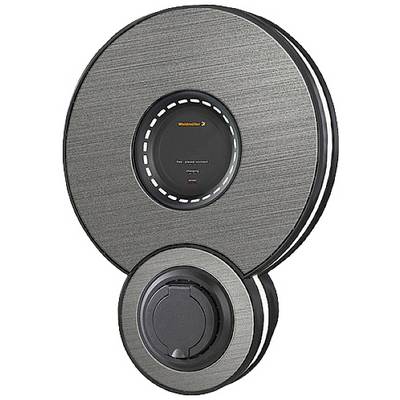 Borne de recharge circulaire, moderne, pour véhicules électriques avec une surface lisse et sombre et un écran central.