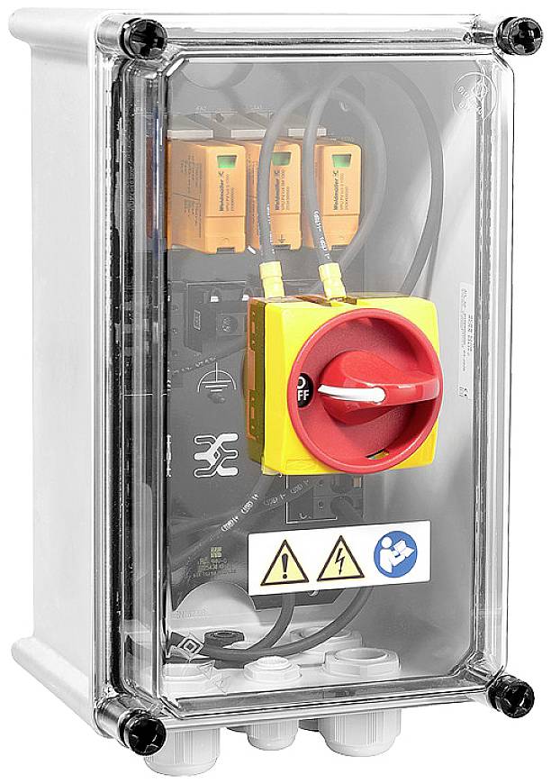 Boîtier de sécurité transparent avec un commutateur rotatif rouge, des composants électriques et des autocollants d'avertissement sur la face avant.
