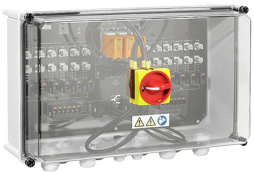 Une armoire électrique grise avec un couvercle transparent montre à l'intérieur des composants électriques et des câbles. Un grand bouton d'arrêt d'urgence rouge est visible.