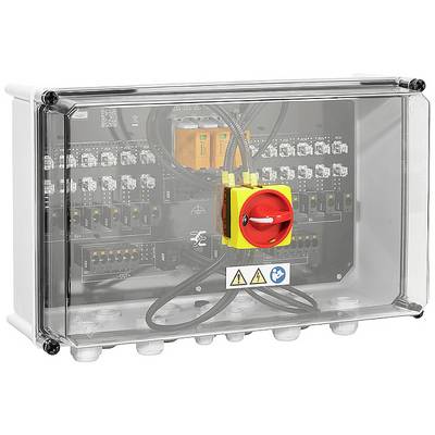 Une armoire électrique grise avec un couvercle transparent montre à l'intérieur des composants électriques et des câbles. Un grand bouton d'arrêt d'urgence rouge est visible.