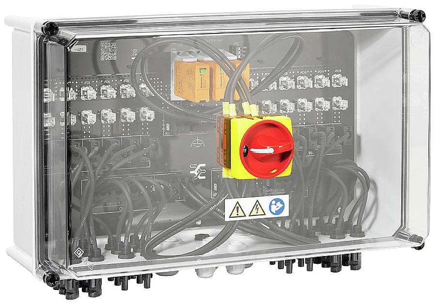 Armoire électrique avec un bouton d'arrêt d'urgence rouge au centre. Câbles noirs et plusieurs connexions visibles. Symboles d'avertissement de sécurité en bas.