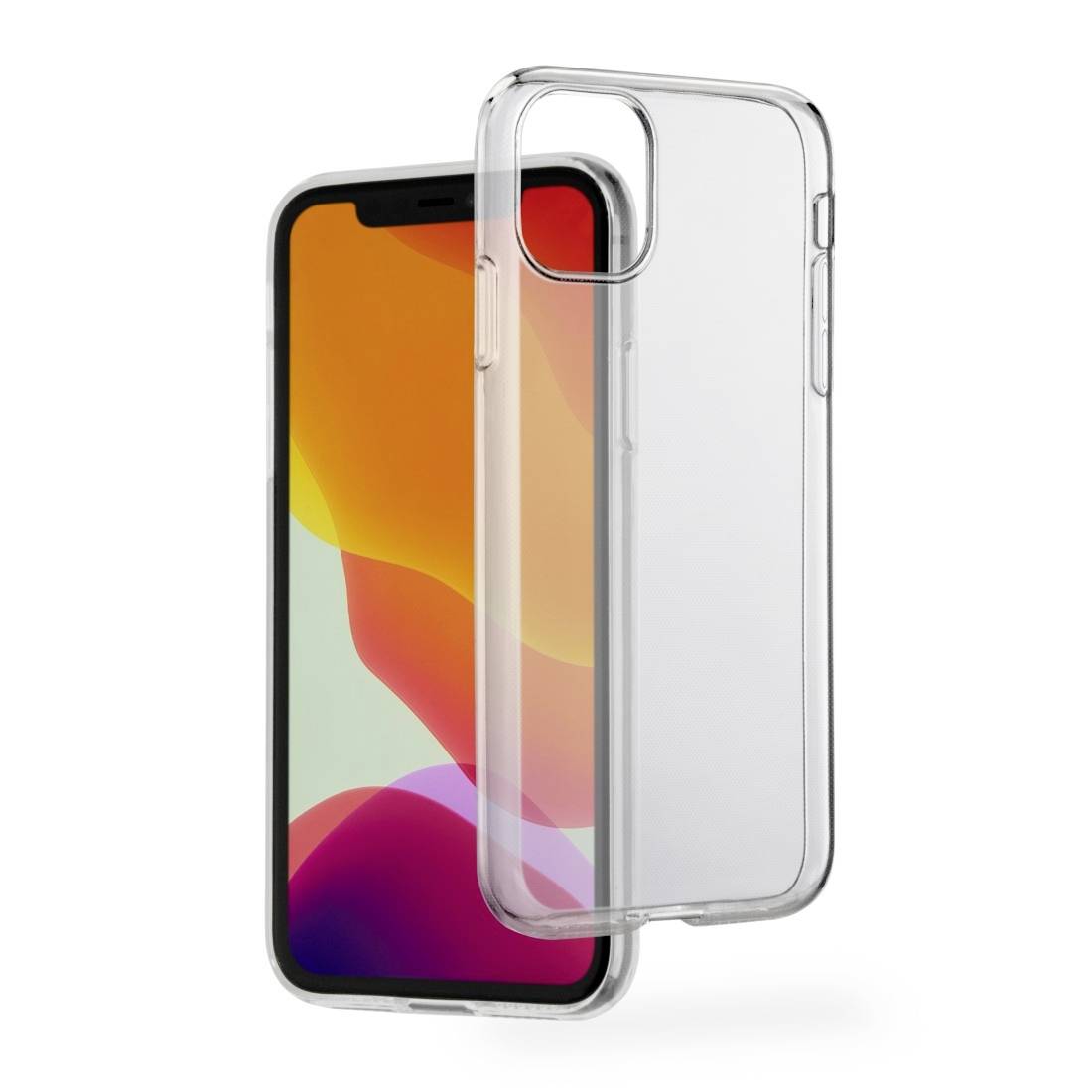 Smartphone avec une coque de protection transparente, affichant un fond d'écran abstrait et coloré.
