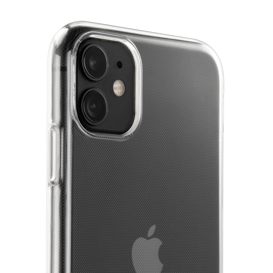 Un smartphone dans un étui transparent montre son dos avec un double appareil photo et le logo au centre.