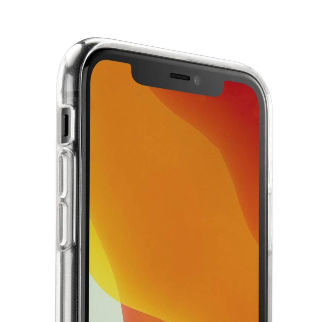 Un smartphone moderne avec une coque de protection transparente. L'écran affiche un fond orange.