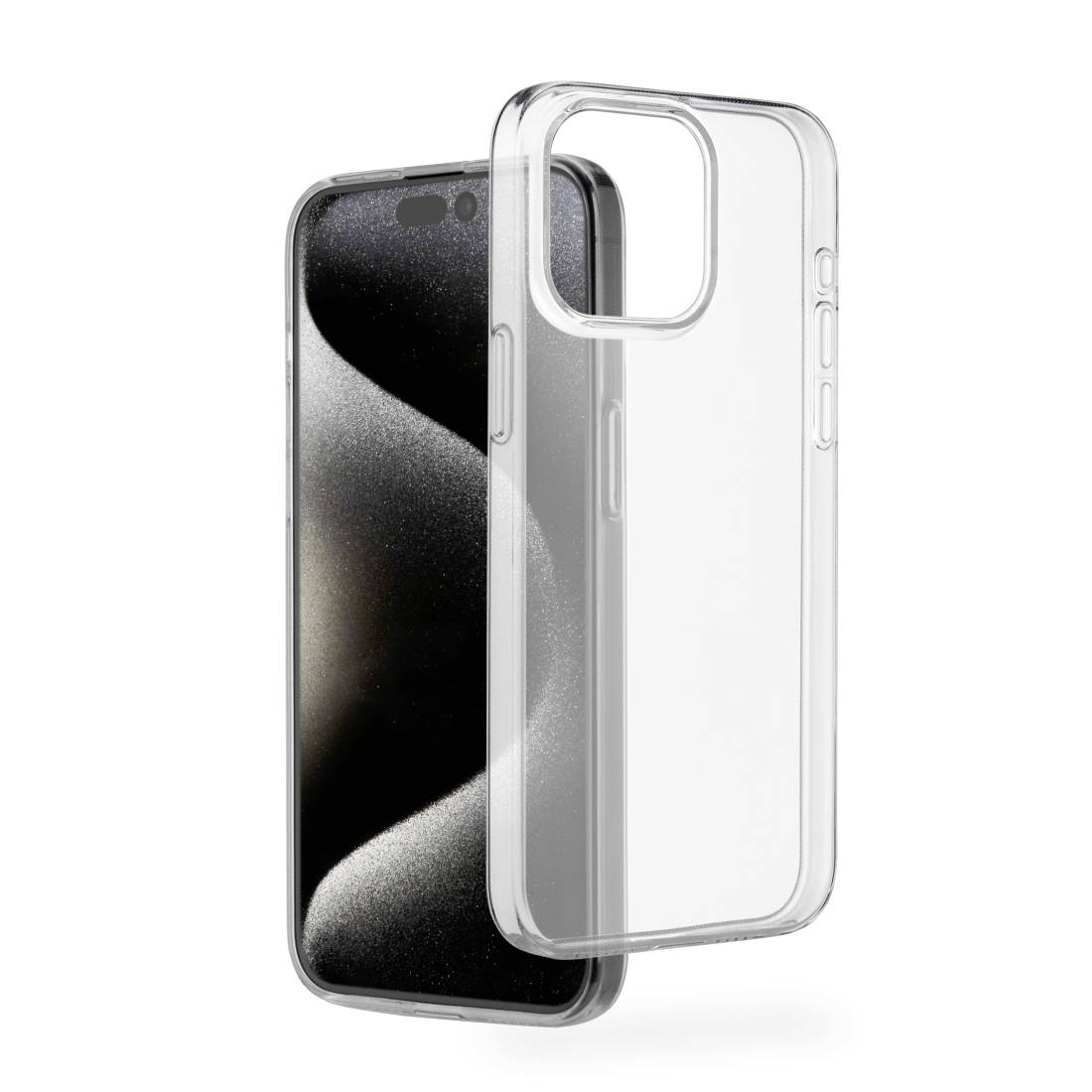 Un smartphone avec un étui transparent. L'appareil affiche un fond d'écran abstrait, semblable à du sable.