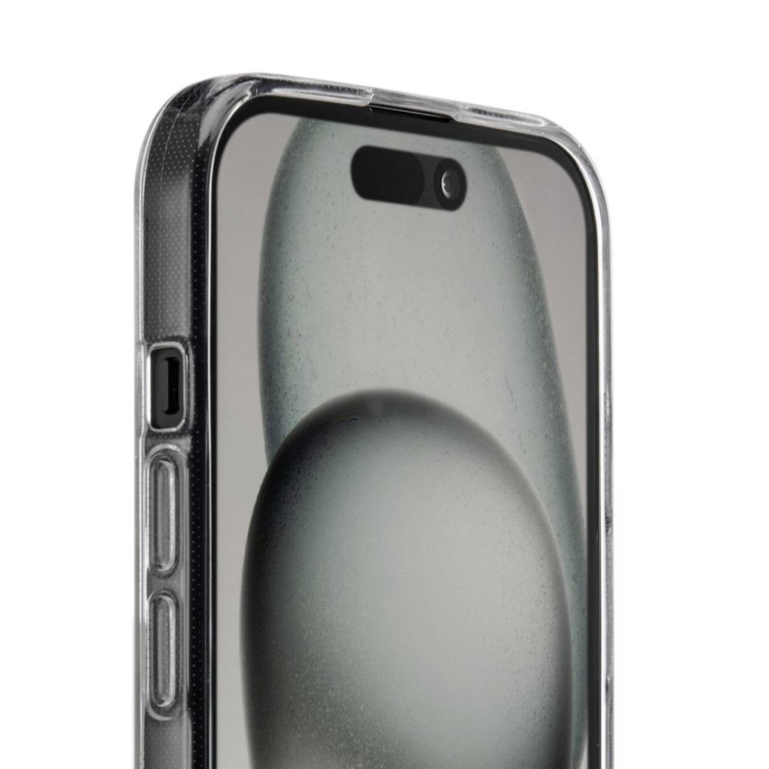 Smartphone gris et noir avec écran, vue de côté. Boutons surélevés sur le côté, caméra et haut-parleur visibles en haut.