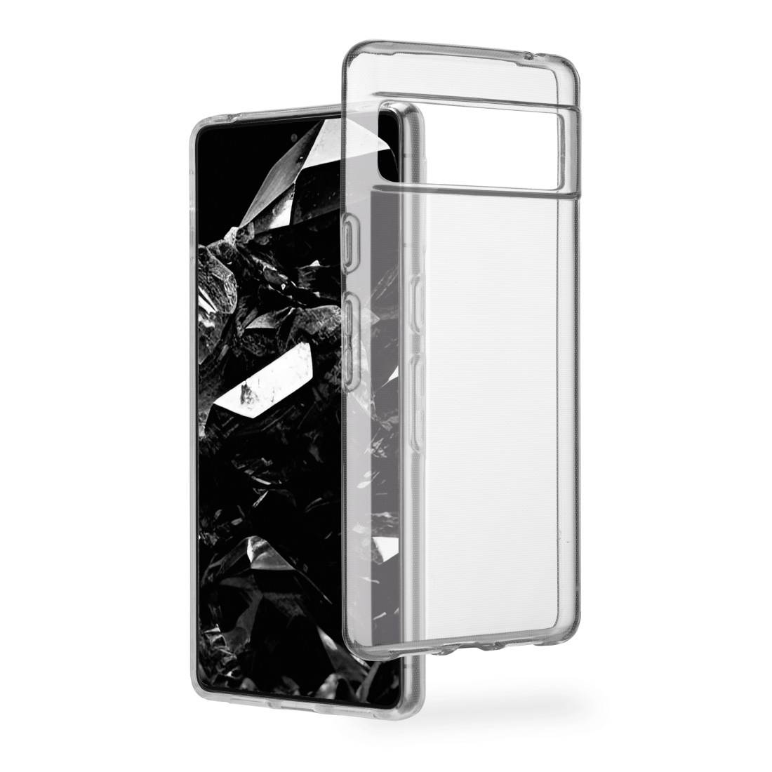 Étui de protection transparent pour smartphone, enveloppant complètement l'appareil. Le téléphone affiche un motif abstrait et sombre.