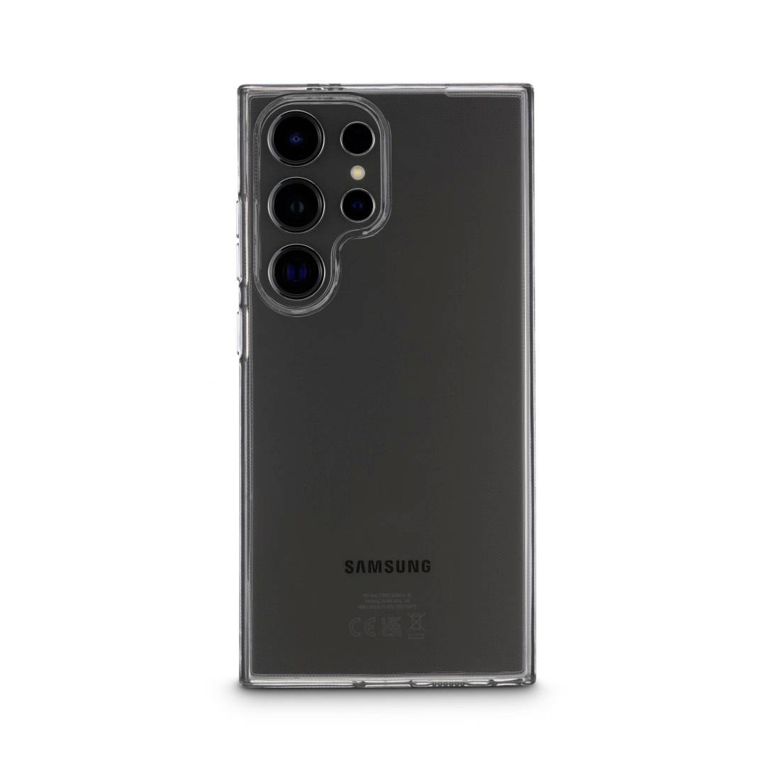 Un smartphone avec un boîtier transparent révélant la caméra arrière et le logo de la marque.