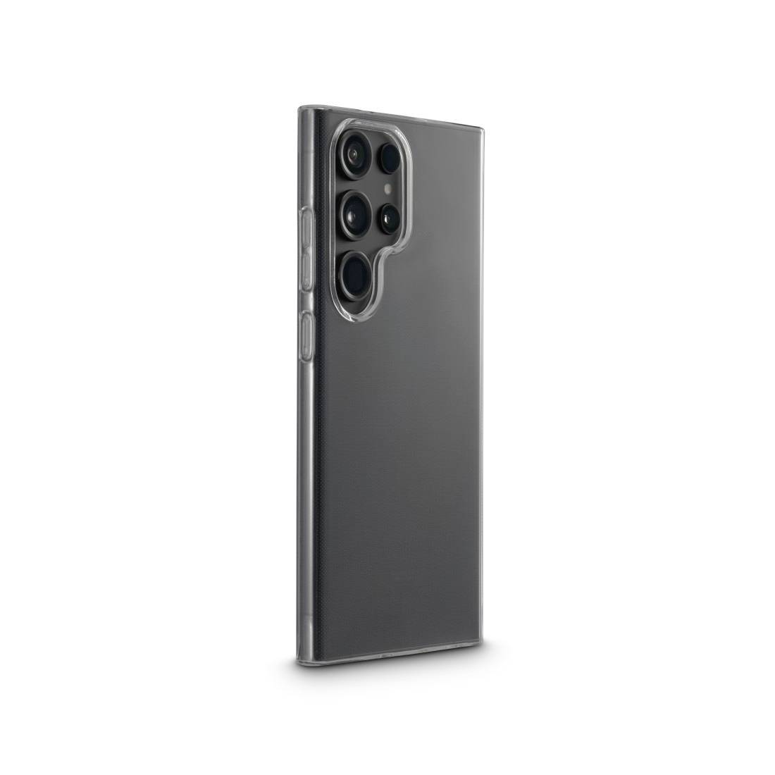 Étui de téléphone transparent en position verticale, montrant l'arrière avec plusieurs découpes pour caméras, adapté à un smartphone moderne.