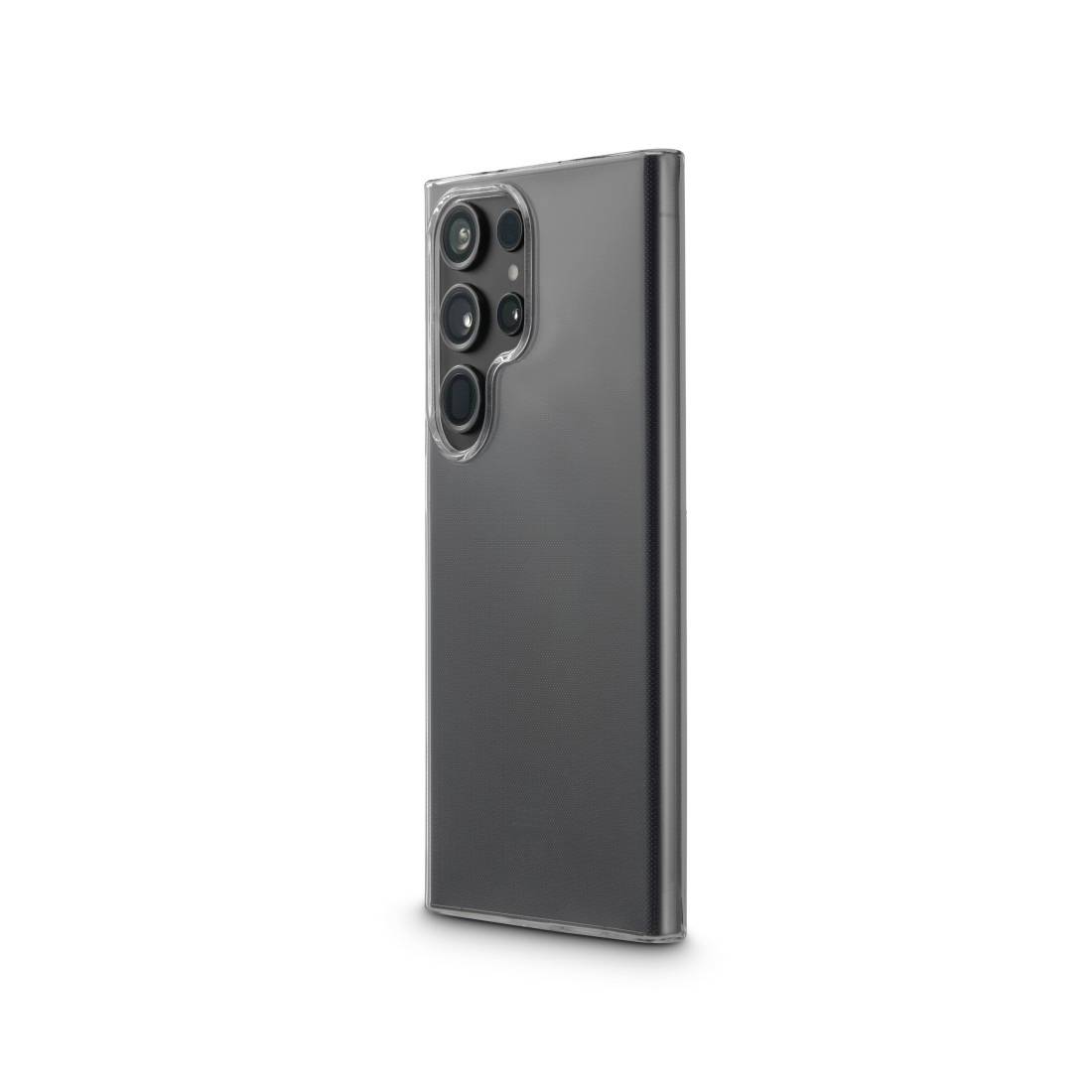 Smartphone dans un étui de protection transparent, face arrière avec quatre objectifs de caméra visible, donnant une impression de haute qualité et de modernité.