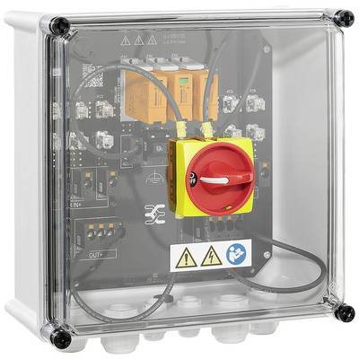Boîtier électronique de commande dans un boîtier transparent avec un bouton d'arrêt d'urgence rouge. Des symboles de sécurité et de fonction sont visibles.