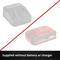 « Chargeur et batterie vendus séparément. » Un chargeur et une batterie sont représentés en diagonale, divisés en deux moitiés par une bande rouge et blanche.