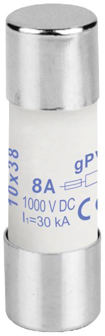 Sur l'illustration, on peut voir un fusible cylindrique de 10x38 mm portant l'inscription '8A 1000 V DC I1=30 kA'.