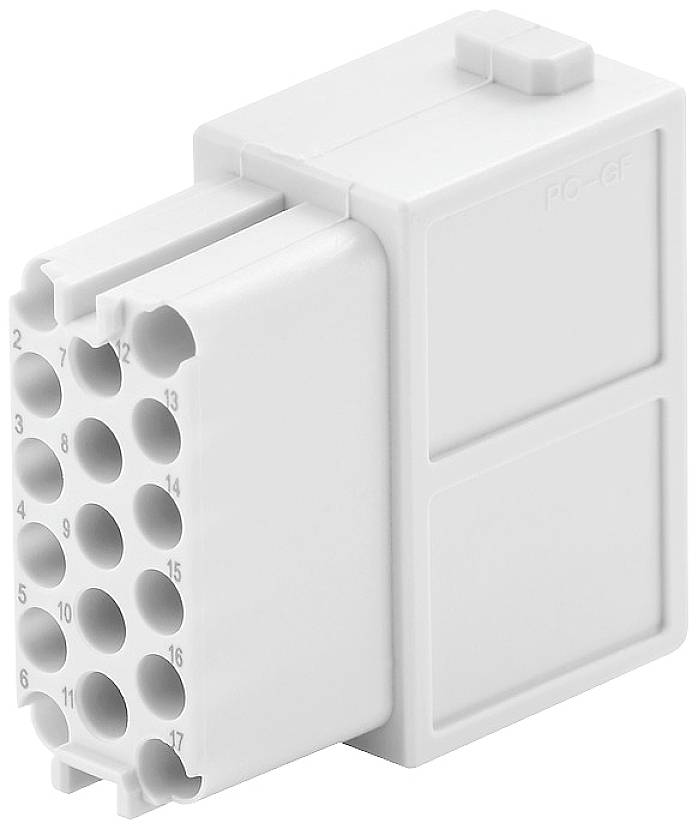 Boîtier de connecteur gris avec 17 trous rectangulaires pour la fixation de contacts électriques.