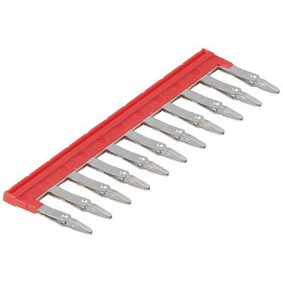 Bloc de connexion collecteur gris avec dix broches métalliques encastrées dans une barrette en plastique rouge.