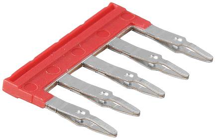 Un peigne de pontage électrique rouge à cinq broches pour disjoncteurs. Idéal pour connecter plusieurs circuits électriques.