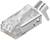 Une fiche RJ45 argentée avec un boîtier en plastique transparent. Utilisée pour les connexions Ethernet dans les réseaux.