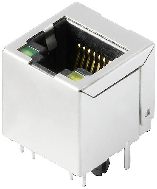 Une prise RJ45 argentée avec des contacts dorés et plusieurs broches, utilisée pour les connexions Ethernet dans les appareils.