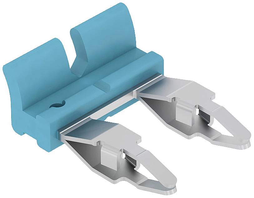 Image d'un connecteur bleu avec deux pinces métalliques, adapté pour les connexions électriques. Les pinces sont disposées symétriquement.