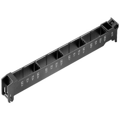 Canal en plastique noir avec plusieurs compartiments carrés, portant des marquages tels que 'CB2+' et 'TC2-'.